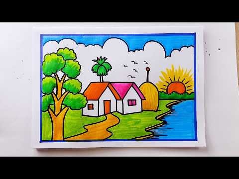 Easy Nature Village Drawing for Beginners | Sunset Scenery Art