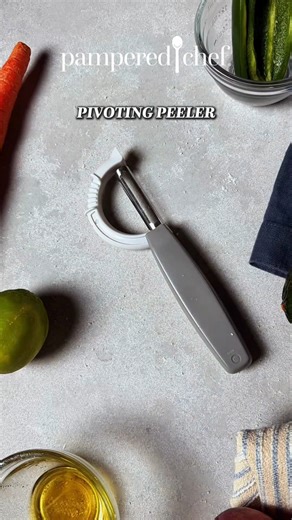 Prep smarter, not harder. The Pampered Chef Pivoting Peeler’s horizontal and vertical positions make peeling fruits and veggies a breeze.🥒 https://bit.ly/4tgycsT | Pampered Chef