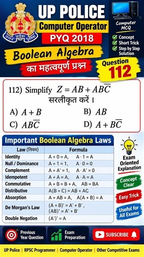 UP Police Computer Operator PYQ 2018 | Boolean Algebra MCQ | Question 112 Explained