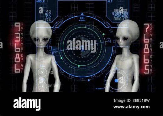Grey alien examining cybernetic map in futuristic interface professional 3D animation scene. A grey alien studies a glowing cybernetic map inside a futuristic digital interface. This professional 3D animation features detailed sci-fi visuals Stock Video Footage - Alamy