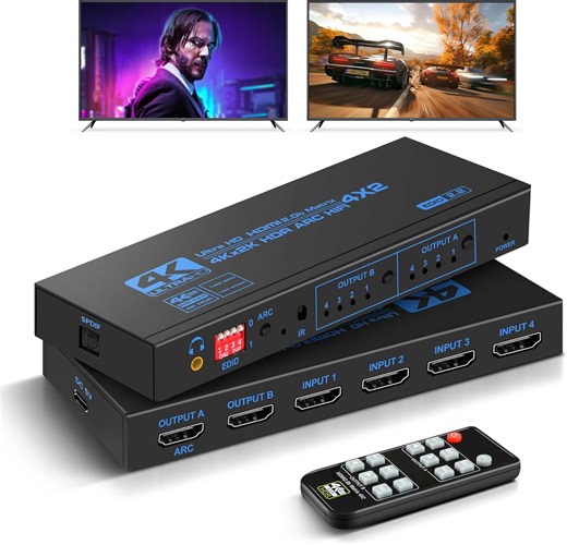 4K@60Hz HDMI Matrix Switch 4X2 with ARC, avedio links 4 in 2 Out Matrix HDMI Video Switcher Splitter + Optical & 3.5mm Stereo Audio, Scaler 4K 1080P Synch, HDM I Audio Extractor with IR Remote Control