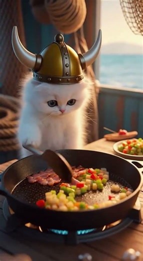 A Super Fluffy Kitten is Cooking Clam Chowder