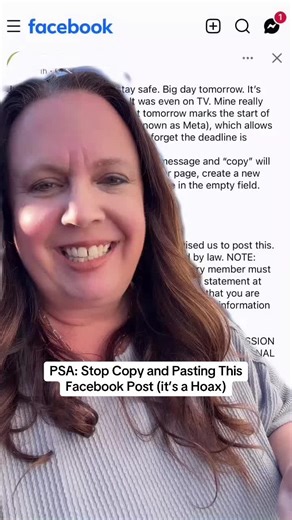 🚨 Quick PSA: That “copy and paste to protect your privacy from Meta” post going around Facebook right now? It’s not real. 😔 I’ve seen so many people sharing it the last few days, and I promise I’m not calling anyone out… but this is exactly how misinformation spreads online. Before you copy and paste anything that says “share this to protect yourself,” take 30 seconds to Google it, check Snopes, or verify the source. Most of the time, it’s a hoax that’s been circulating for years. And here’s t