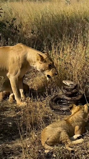 Lioness vs Giant Python 🦁 Mother Lion Protects Her Cubs! #shorts