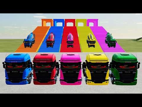 Transporting Colorful Mixer Trucks & Double Flatbed Trailers on Dangerous Terrain FS22 #100