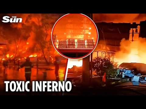 Horror moment massive toxic blaze tears through plastics factory in Indonesia