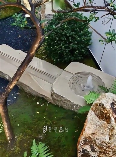 With a plain stone bowl at its heart and a linear stone trough as its veins. #stone #construction