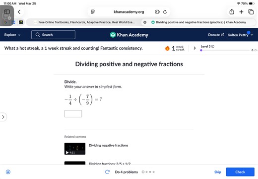 Divide. Write your answer in simplest form. -1/4 ÷ (-7/9) = ?... | Filo