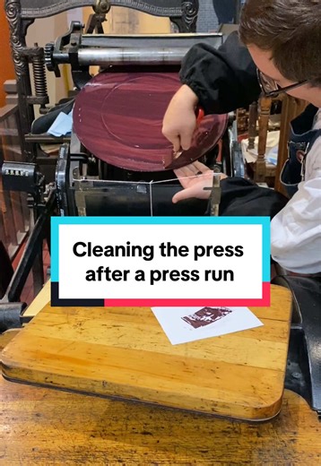 Replying to @Alice Liddell💛🌻 We often demonstrate a lot of printing in our print shop exhibit at the Sacramento History Museum, but not many people get to see the cleaning process. In this video, Jared shows the full cleaning process sped up a bit because the full video is almost 8 minutes long. We use 1K kerosene as a solvent to clean the ink off of our 10x15 Chandler & Price Gordon-style jobbing press. This was after a press run where we letterpress printed 300 copies for our 2025 museum hol