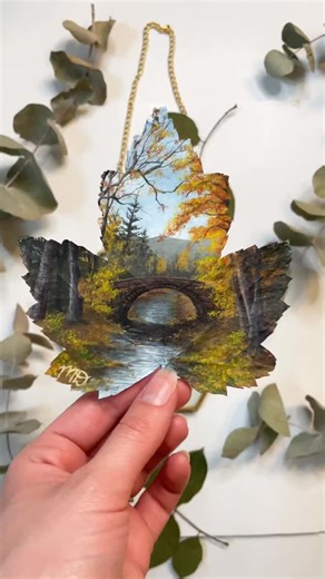 “Crossing Into Autumn” Painted on a preserved maple leaf! Botany Fact: Maple trees show spectacular autumn colors (reds, oranges, yellows) as chlorophyll breaks down, revealing hidden pigments (carotenoids, flavonoids), while anthocyanins create reds, often boosted by chilly nights, sunlight, and sugars trapped in the leaves, protecting them before they fall. #leafpainting #naturelovers #autumn | Brushed Botany