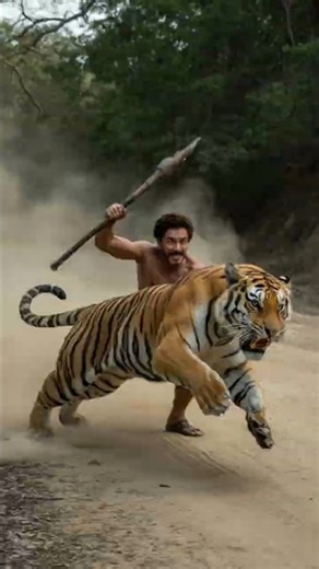 A boy in the Jungle tiger attack |Amazon forest man in the tree tiger attack.