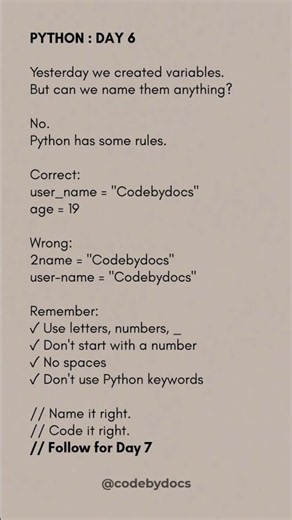 Naming variables looks simple, but Python has rules