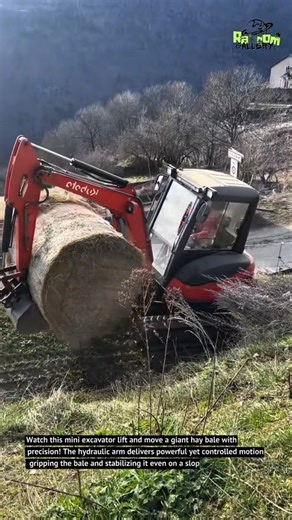 Mini Excavator Handling Giant Hay Bale – Smart Farming Machine!.
