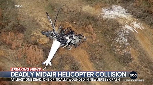 At least one person was killed after two helicopters collided midair and crashed to the ground in Hammonton, New Jersey. It comes after a near miss collision between two airplanes taking off at Bush Airport in Houston. Morgan Norwood reports. https://abcnews.link/ExZvTKP | ABC World News Tonight with David Muir