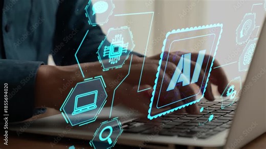 Explore a modern workspace where human creativity meets AI technology. This image showcases dynamic interaction with a laptop amid digital innovation elements. Cipher