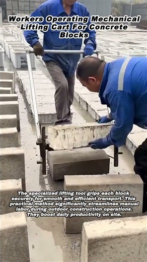 Workers Operating Mechanical Lifting Cart For Concrete Blocks