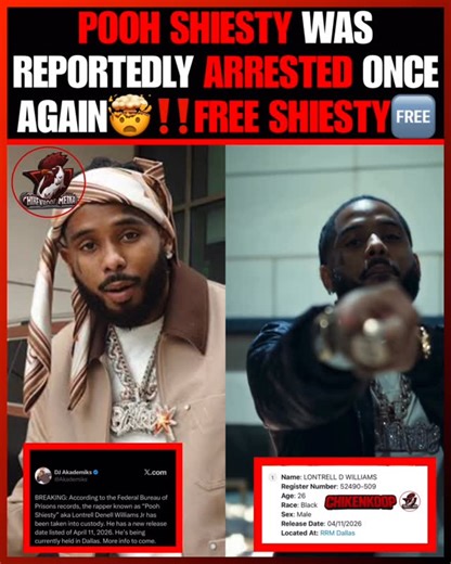 The Chiken Koop 🐓 on Instagram: "POOH SHIESTY REPORTEDLY ARRESTED AGAIN ❗️😳 According to Federal Bureau of Prisons records, the Memphis rapper Pooh Shiesty (Lontrell Denell Williams Jr.) has been taken back into custody. A new release date of April 11, 2026 is now listed 📆⏳ He’s currently being held in Dallas. Via: @akademiks More details coming soon… 👀📰 @elcompamota 🐓 #FreeShiesty #PoohShiesty #BreakingNews #HipHopNews #RapUpdates @enelgallinero @corridosent @chikenkoopmedia 👈 follow us 