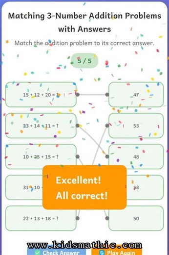 ➕ Addition Worksheet: Match 3 Two-Digit Numbers with Answers for Grade 2