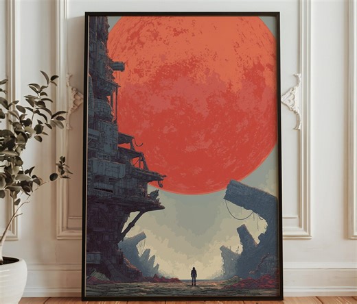 Red Moon Sci-fi Landscape Wall Art - Alien Ruins Poster - Futuristic Dystopian City Print - Cosmic Architecture Artwork - Etsy