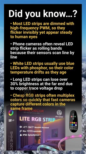 Decorative LED strip: PWM flicker, color shift, voltage drop and hidden heat