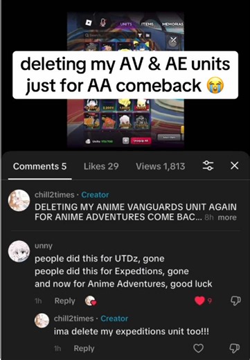 i deleted my av & ae units just for anime adventures returning 💔 #roblox #robloxfyp #animevanguards #animeadventures #animeexpeditions