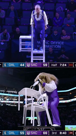 Who did it better? 🤔 After an impressive halftime performance by The Amazing Sladek, Slamson does his own attempt at climbing a stack of chairs? 😅 | NBA