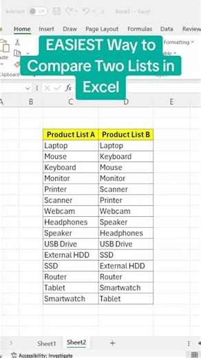 Easiest way to compare two lists in Excel 📊No formulas stress! #spreadsheets #excel #shorts