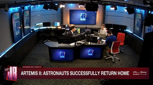ARTEMIS SPLASHDOWN 🚀 The Orion capsule carrying four astronauts back from their mission around the moon is moments away from reentry into Earth's atmosphere. @WFLA JB Biunno and guests have live coverage of the historic trip home. https://www.wfla.com/glance-at-the-galaxy/artemis-ii-splashdown-astronauts-return-to-earth-after-historic-moon-mission/ | FOX59 News