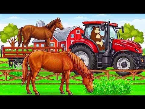 Farmer And Tractor: Grazing, Hay Harvest & Feeding Horses | Real Farm Animation