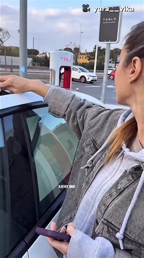 The Girl Struggled Hard to Unlock the Tesla #car #cars
