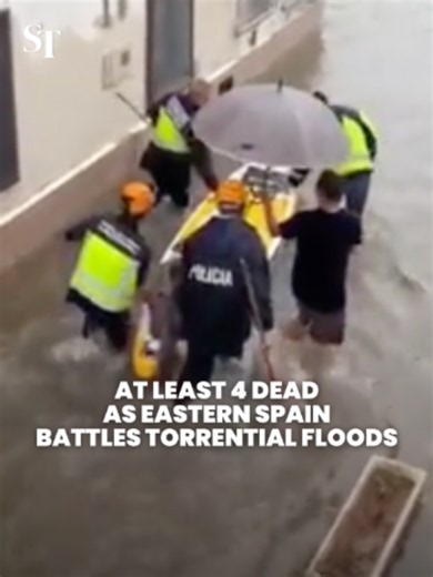 Floods and storms killed at least 4 people as torrential rains swept across eastern Spain on 19 Oct, with security forces carrying out more than 400 rescues in the Valencia region. 800,000 residents were under shelter-in-place orders, and Spain's national weather agency issued several red alerts, warning local people to avoid all travel and to seek higher ground. #Spain #Valencia #flooding #viralnews #StraitsTimes