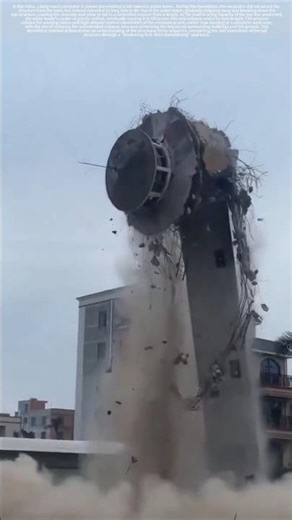 The process of demolishing a water tower using a long-reach excavator.