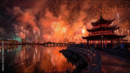 Colorful Fireworks Exploding Over Traditional Asian Pavilion Reflecting on Water at Night with Spectators