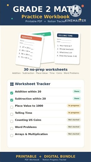 Free Grade 2 Math Worksheets PDF + Notion Tracker (Printable)