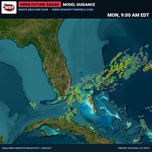 Mike's Weather Page on X: "Future radar the next couple days. Weak low pressure showing with even some spinnage. Models were off and on maybe something developing moving off to the northeast but nothing solid. NHC showing nothing out of it. Incoming rainbands for eastern Florida and definitely the Bahamas on tap. https://t.co/0EQMEw6Iu0" / X