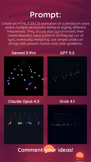 Animation of a pendulum wave - Gemini 3 Pro vs GPT-5.2 vs Claude Opus 4.5 vs Grok 4.1 #ai #physics