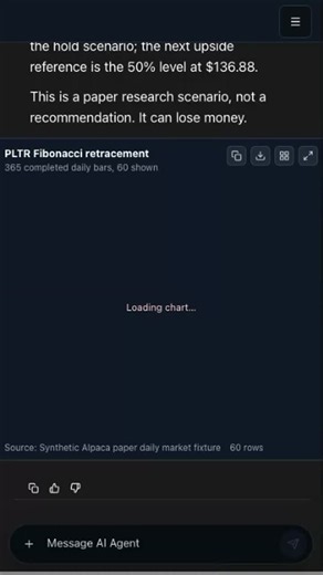 I asked an AI agent to map PLTR Fibonacci retracement levels from synthetic dev market data, then turned the result into a paper research scenario.