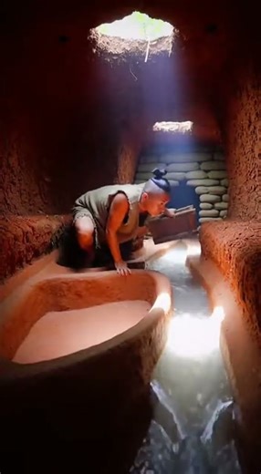 A Primitive Jungle Man using Ancient Survival Techniques to Build an Underground Water Maze.#shorts