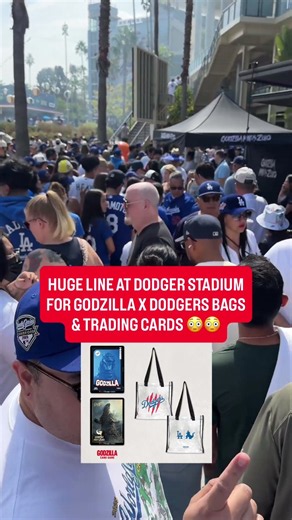 Huge line at Dodger Stadium for Godzilla bag & trading cards today 😳