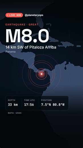 🌏 M8.0 EARTHQUAKE — 14 km SW of Pitaloza Arriba, Panama | Planetary Ops #Shorts