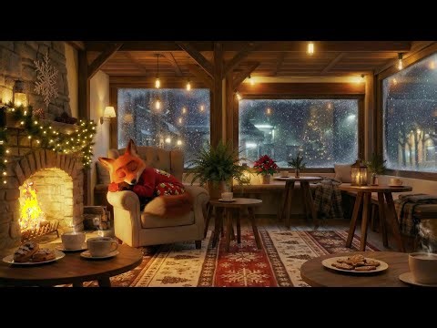 Winter Coffee Shop Ambience ❄️ Fireplace, Snow Falling Outside