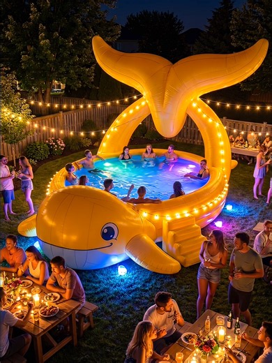 Glowing Whale Pool Party - Nighttime Backyard Bash An enchanting evening celebration featuring a brilliantly illuminated inflatable whale pool float as the centerpiece. The giant yellow whale is outlined with warm golden LED string lights, creating a magical glow against the twilight sky. Guests enjoy an evening swim in the illuminated pool while others gather around candlelit dining tables laden with food and drinks. The entire backyard is bathed in atmospheric lighting—from the glowing whale t