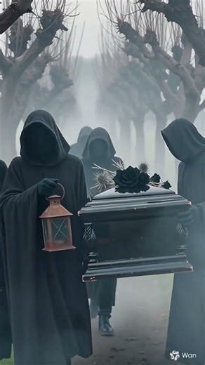 Misty, atmospheric funeral procession, hooded mourners carry a #ai