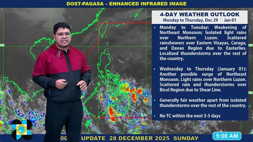 Public Weather Forecast issued at 5AM | December 28, 2025 - Sunday DOST-PAGASA Weather Specialist: Obet Badrina #weatherreport #dostpagasa PAGASA Weather Report (Subscribe for more weather updates) Facebook Page (Like): / pagasa.dost.gov.ph Twitter (Follow): / dost_pagasa Website (Visit): http://bagong.pagasa.dost.gov.ph Customer Satisfaction Survey (Feedback): https://shorturl.at/Do3VX | DOST-PAGASA