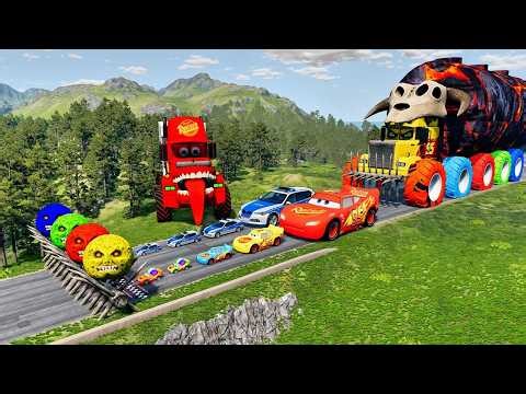 Big & Small McQueen & Police Car vs Zombie Mack, Giant Speed Bumps Downhill Race – BeamNG.drive