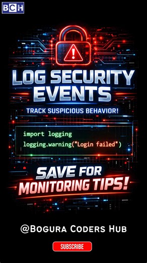 Hackers Hate This! Log Security Events in Python|Log Security Events | Python Learning for Beginners Most apps get hacked because nobody tracks attacks. 🚨 Learn how to log security events in Python and catch suspicious behavior before damage happens. ✔ Track failed logins ✔ Monitor threats ✔ Improve app security Save this for your secure coding toolbox 💻🔐 #boguracodershub #Python #CyberSecurity #SecureCoding #ProgrammingTips #HackingPrevention #DevShorts #YouTubeShorts #PythonTricks #CodeSmar