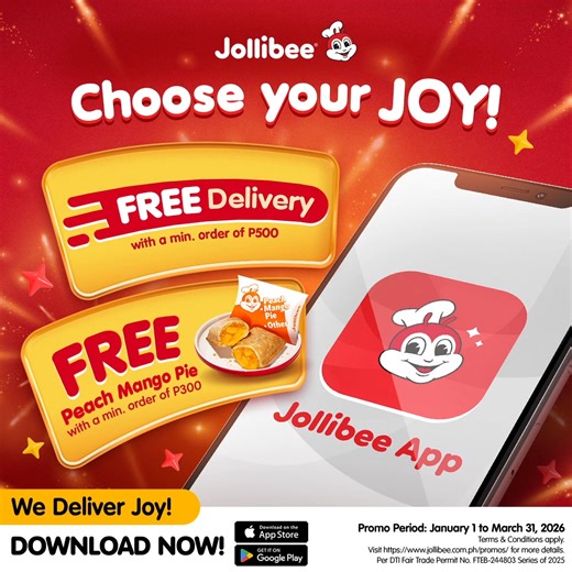 Celebrate the new year with more JOY! ✨ Get FREE Delivery or FREE Peach Mango Pie on your next delivery order on the Jollibee App or via order.jollibee.com. Order JOY now! | Jollibee