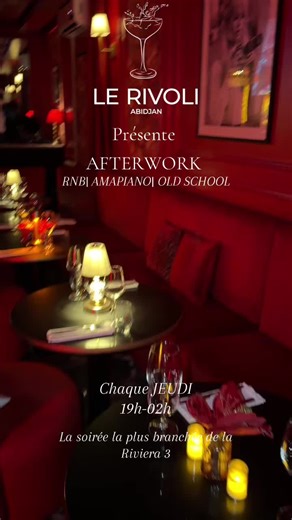 C’est officiel : La soirée la plus festive & chic du Rivoli aura lieu chaque JEUDI. Pour qui ? Les amateurs d’ambiance rnb | amapiano| Oldschool qui apprécient les atmosphères élégantes et chics. Music : sous le rythme ambiancé de notre DJ résident et de nombreux DJ guests. Ou ? Bd Arsène usher Assouan Le dress code exigé : ( very) classe & élégant. La carte ? Une carte spéciale « Afterwork » pour des plats entre 9000 fcfa et 15.000 fcfa. Horaire : 19h-02h Infos & réservation : 2250719141871 Le 