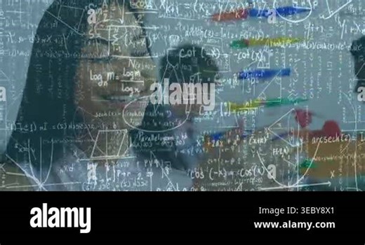Animation of mathematical equations over woman with models in classroom. school and education concept digitally generated video Stock Video Footage - Alamy