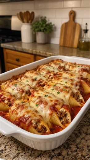 ✨ Cheesy Baked Stuffed Shells ✨ Jumbo pasta shells loaded with savory meat, rich ricotta, and smothered in marinara and melted cheese until bubbling and golden! 🛒 Ingredients: - 1 box jumbo pasta shells - 1 lb ground beef or Italian sausage - 15 oz ricotta cheese - 2 cups shredded mozzarella cheese - 1/2 cup grated Parmesan cheese - 1 large egg - 2 cups marinara sauce - 2 cloves garlic, minced - 1 tsp Italian seasoning - Salt and freshly cracked black pepper to taste - Fresh parsley, chopped fo